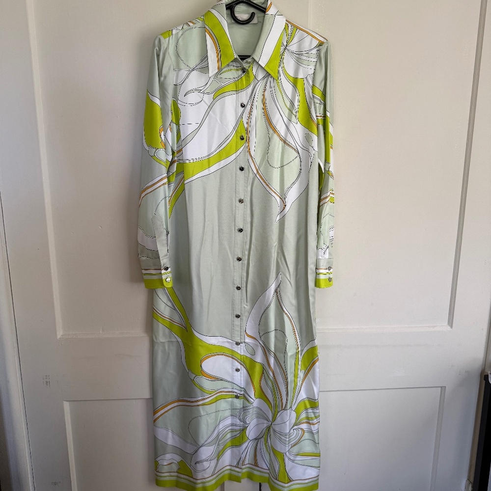 Tory Burch Printed Silk Shirtdress in Chartreuse Twisty Flower